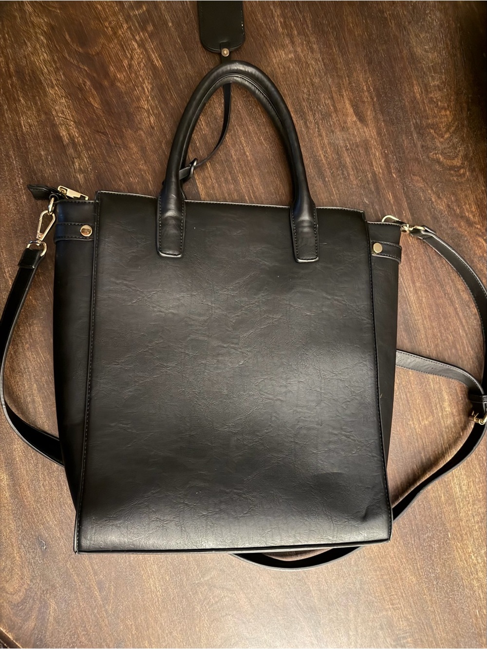 Black Faux Leather Vertical Work Tote Briefcase Crossbody Bag 16x14